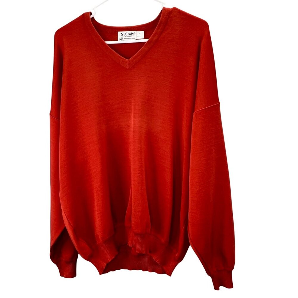 St Croix Knits Pullover Sweater size M Men Burnt Orange Merino Wool V Neck